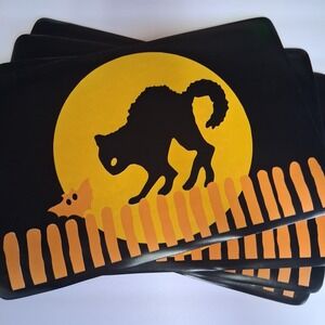 Vtg Halloween Placemats Set of 4 Black Cat Moon Bat Vinyl Graphic DCI MCM